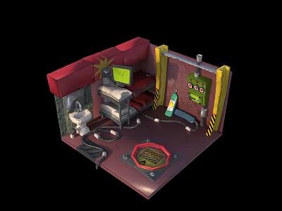 Cartoon Style Laboratory Scene With Red Roof Computer And Warning Signs 3d model