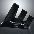 Black Inclined Panels On Platform Base With White Stripes And Geometric Design