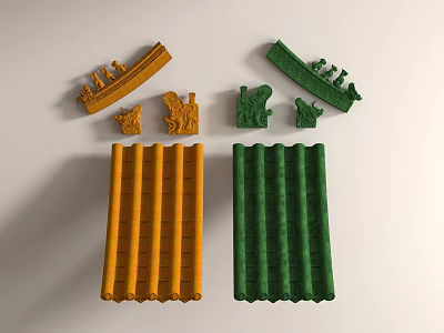 Traditional Architectural Components Including Yellow Green Roof Tiles And Ornamental Sculptures 3d model