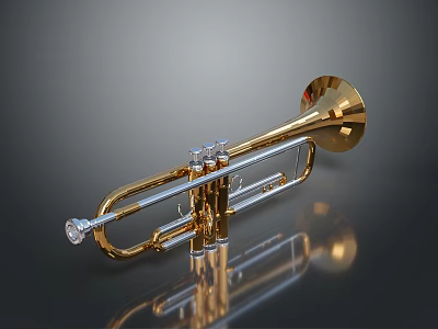 Golden Brass Trumpet with Shiny Keys and Reflection as Household Decorative Item 3d model