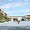 Modern School Building With Classroom Wings Tree Lined Square And Students Walking Under Blue Sky