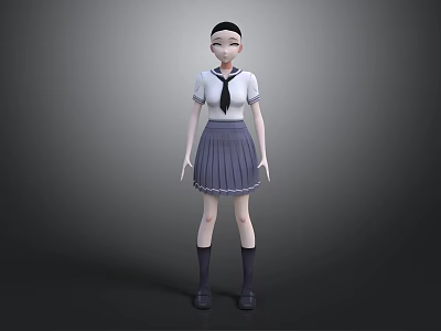 Anime Style School Girl Character In White Shirt Black Tie And Grey Pleated Skirt 3d model