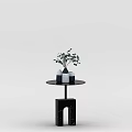 Black Geometric Base Side Table with Round Top and Green Plant Vase for Living Room