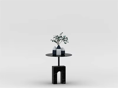 Black Geometric Base Side Table with Round Top and Green Plant Vase for Living Room 3d model