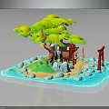 Traditional Japanese Architecture With Torii Gate On Small Island And Green Tree Blue Water