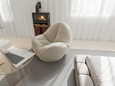 Beige Casual Sofa Set With Transparent Coffee Table Fireplace White Curtains And Soft Rug 3d model
