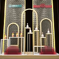 Luxurious Retail Window Display With Golden Arched Design Red Accents And Decorative Items