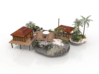 Tropical Island Scene With Wooden House Palm Trees Deck And Round Table 3d model