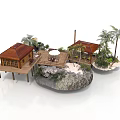 Tropical Island Scene With Wooden House Palm Trees Deck And Round Table