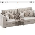 Two Seater Sofa With Light Beige Velvet Ribbed Design Pillows And Throw Blanket