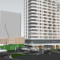 Modern Commercial Landscape With Tall Building Plaza Greenery Palm Trees Pathways And Pedestrians