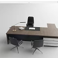 Modern Wooden Office Desk With Desk Lamp Documents Notebook And Chairs