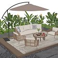 Outdoor Sofa Set With Rattan Chairs Coffee Table And Greenery Under Umbrella On Patio