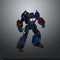 Blue And Black Mechanical Robot Character With Red Silver Details And Glowing Chest Emblem