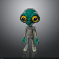 Green Alien Cartoon Character With Big Yellow Eyes And White Space Suit