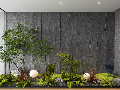 Elegant Garden Miniature Featuring Green Plants White Spherical Ornaments Deer Figurine and Gray Stone Wall 3d model
