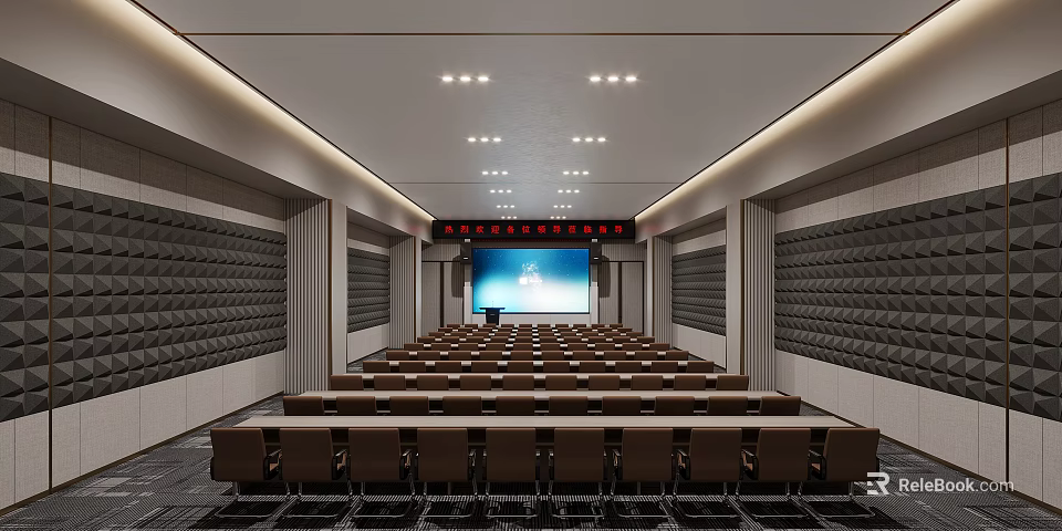 Modern Large Conference Room With Seating Rows Front Projection Screen Acoustic Panels And Ceiling Lights 3d model 