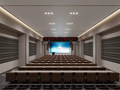 Modern Large Conference Room With Seating Rows Front Projection Screen Acoustic Panels And Ceiling Lights 3d model