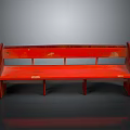 Vintage Red Wooden Bench with Worn Surface and Traditional Design Elements