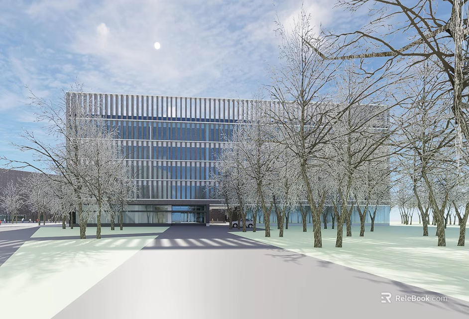 Modern School Building With Striped Glass Facade Surrounded By Trees And Sunlit Pathway 3d model 