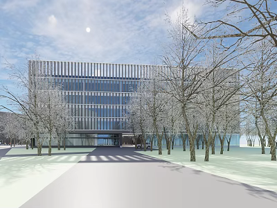 Modern School Building With Striped Glass Facade Surrounded By Trees And Sunlit Pathway 3d model