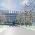 Modern School Building With Striped Glass Facade Surrounded By Trees And Sunlit Pathway