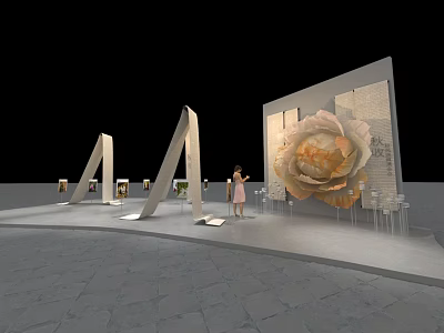 Large Flower Art Installation In Modern Exhibition Space With Visitor And Display Panels 3d model