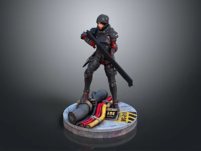 Military Character Statue In Black Red Armor With Long Weapon Barrel On Circular Base 3d model