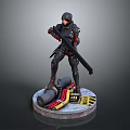 Military Character Statue In Black Red Armor With Long Weapon Barrel On Circular Base