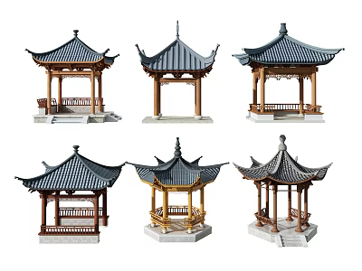 Six Various Traditional Chinese Pavilions With Different Roof Styles And Wooden Frames 3d model