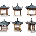 Six Various Traditional Chinese Pavilions With Different Roof Styles And Wooden Frames