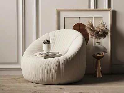 White Vertical Stripe Armchair With Wooden Floor Potted Succulent Books Gold Lamp And Framed Art 3d model