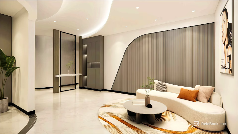 Modern Luxury Shop Front Desk with Curved Wall Open Layout and White Flooring Sofa Carpet 3d model 