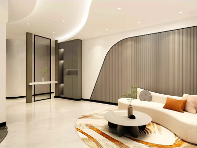 Modern Luxury Shop Front Desk with Curved Wall Open Layout and White Flooring Sofa Carpet 3d model