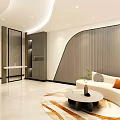Modern Luxury Shop Front Desk with Curved Wall Open Layout and White Flooring Sofa Carpet