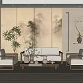 Chinese Style Living Room Interior With Landscape Painting Wall Solid Wood Sofa And Green Plants