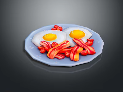 Fried Eggs With Crispy Bacon And Cherry Tomatoes On Blue Plate 3d model