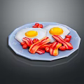 Fried Eggs With Crispy Bacon And Cherry Tomatoes On Blue Plate