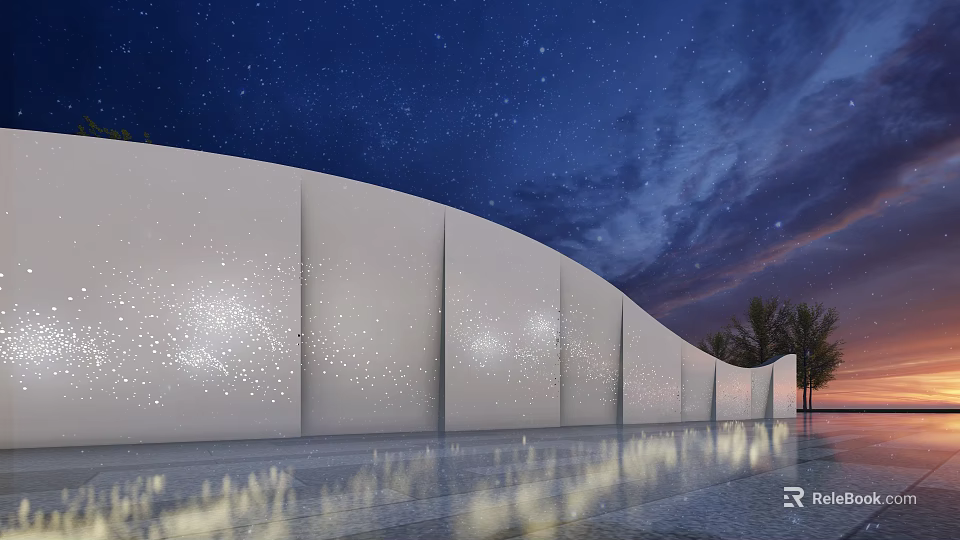 White Curved Feature Wall with Sparkling Lights and Water Reflection in Night Starry Sky 3d model 