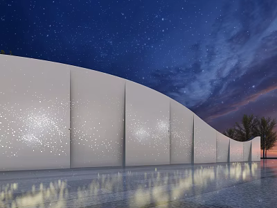 White Curved Feature Wall with Sparkling Lights and Water Reflection in Night Starry Sky 3d model