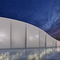 White Curved Feature Wall with Sparkling Lights and Water Reflection in Night Starry Sky
