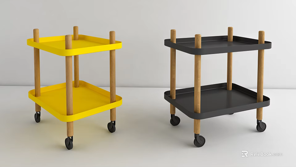 Stylish Yellow and Black Two Tier Side Tables with Wooden Legs and Wheels 3d model 