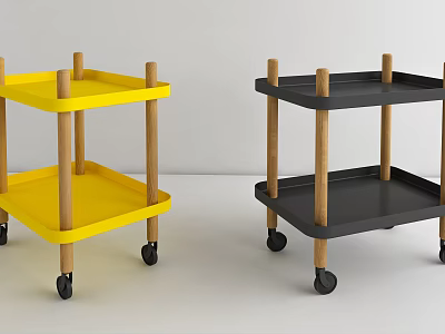 Stylish Yellow and Black Two Tier Side Tables with Wooden Legs and Wheels 3d model
