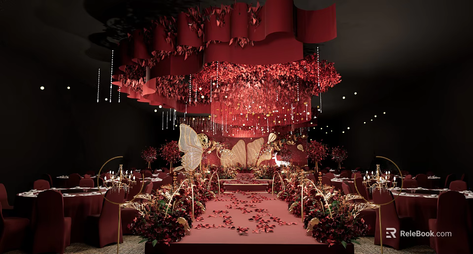 Elegant Banquet Hall With Red Decorations Flower Arrangements Golden Chairs And Butterfly Chandeliers 3d model 