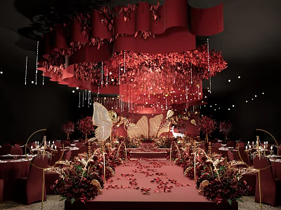 Elegant Banquet Hall With Red Decorations Flower Arrangements Golden Chairs And Butterfly Chandeliers 3d model