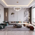 Modern Living Dining Room With Dining Table Colorful Chairs Artwork And Patterned Wall