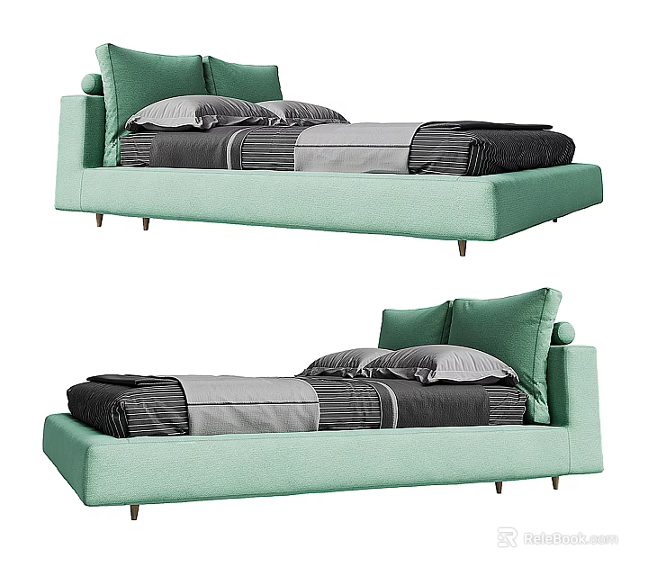 Modern Light Green Double Bed With Upholstered Headboard Dark Bedding And Metal Legs 3d model 
