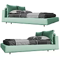 Modern Light Green Double Bed With Upholstered Headboard Dark Bedding And Metal Legs