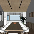 Modern Conference Room Interior With Long Table White Chairs Large Windows And Wooden Ceiling