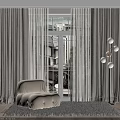 Modern Light Colored Curtains In Floor to Ceiling Window Interior With Accent Chair And Chandelier